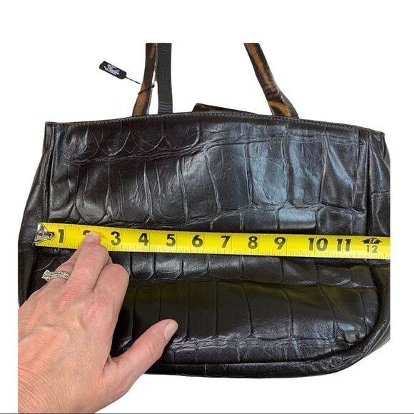 Falor Deep Brown Crocodile Embossed Leather Shoulder Bag Purse Calf Hair Strap - Picture 9 of 13